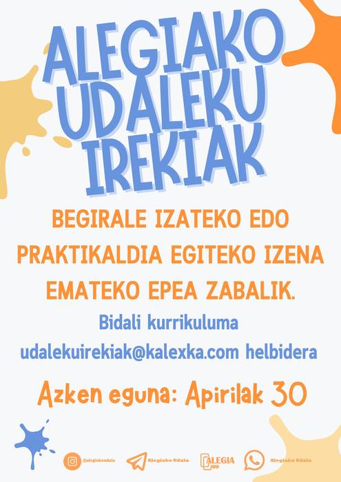 Zabalik da Alegiako udaleku irekietan begirale izateko edo praktikak egiteko eskaera epea