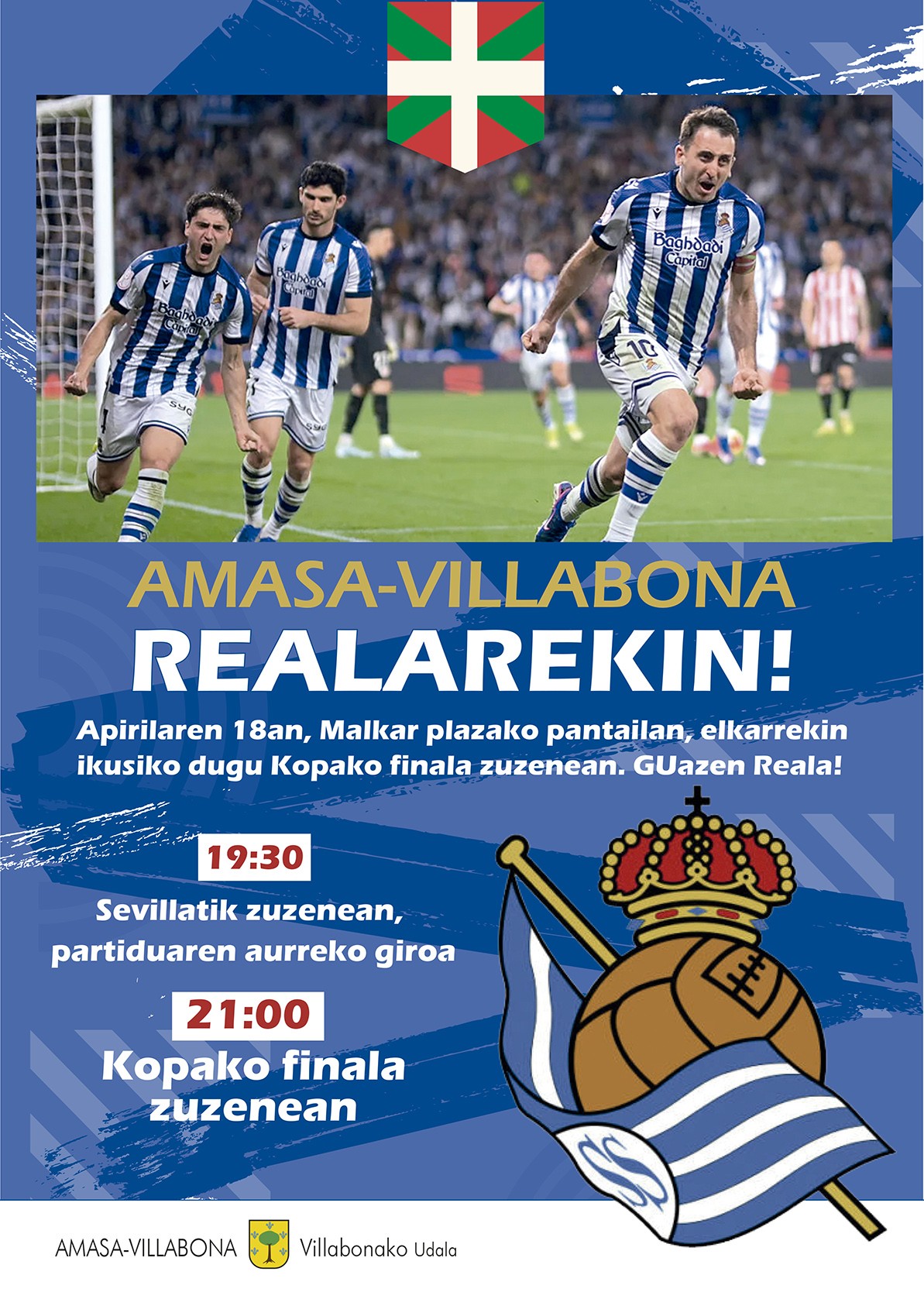 Realaren partida zuzenean Malkar plazako pantaila handian ikusteko aukera