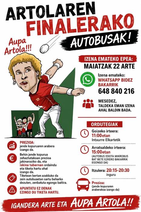 Iñaki Artolaren finalera joateko autobusetan izena emateko epea maiatzaren 22an itxiko da