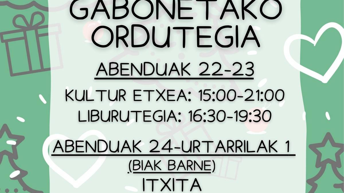 Kultur etxeko eta liburutegiko ordutegiek aldaketak gabonetan