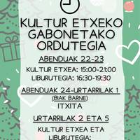 Kultur etxeko eta liburutegiko ordutegiek aldaketak gabonetan