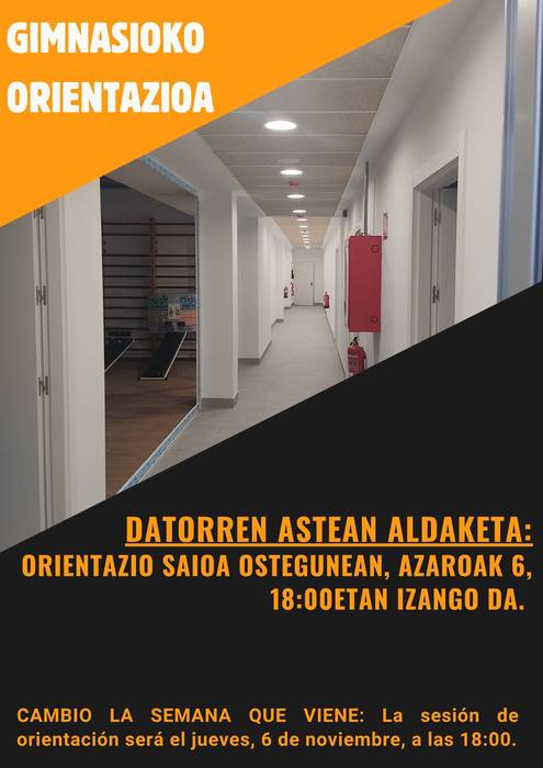 Gimnasioko orientazio saioa ostegunean 18:00etan