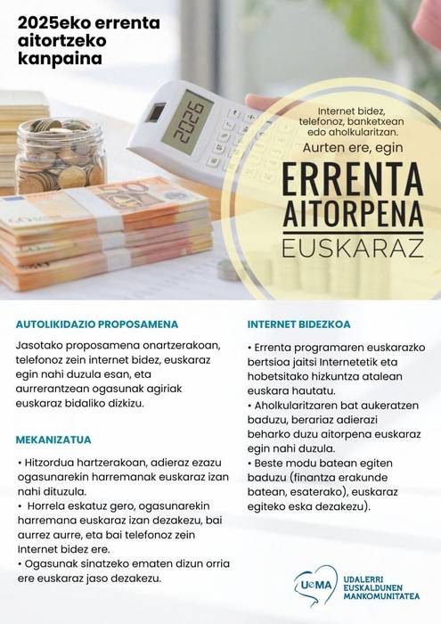 Errenta-aitorpena euskaraz egiteko deia zabaldu du Tolosako Udalak