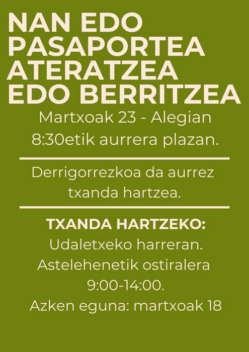 NANa eta pasaportea atera edo berritzeko aukera