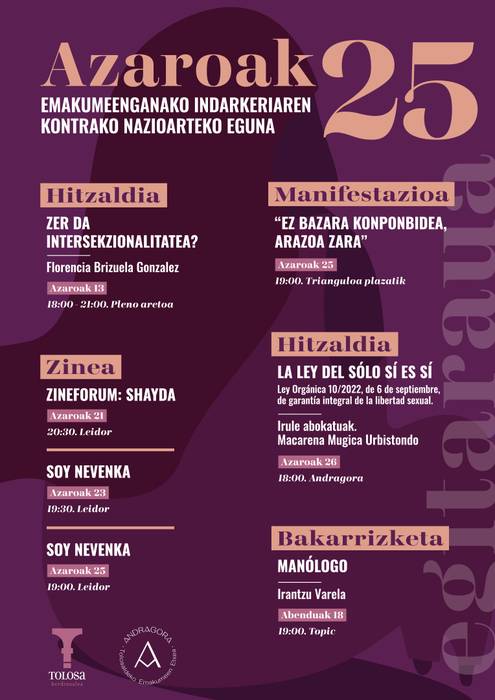 Hitzaldiak, zine emanaldiak, bakarrizketa eta manifestazioa Emakumeenganako Indarkeriaren Kontrako Nazioarteko Egunaren harira