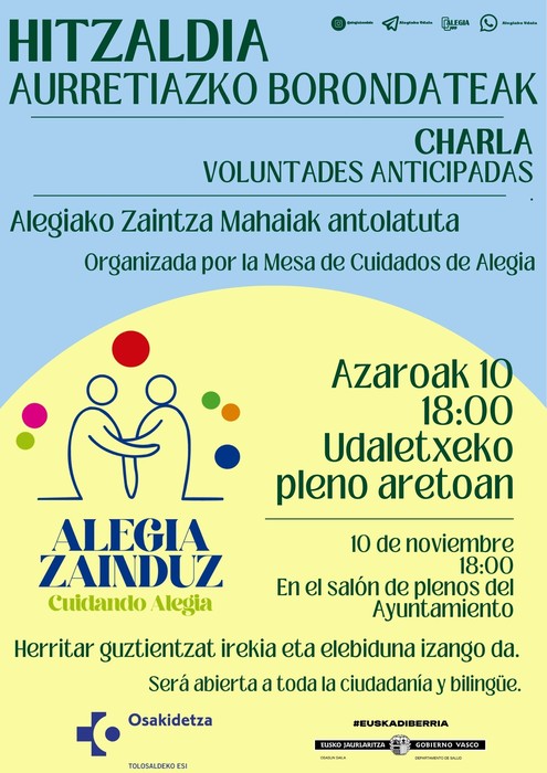 Zaintza Mahaiak aurretiazko borondateei buruzko hitzaldi ireki bat antolatu du azaroaren 10erako