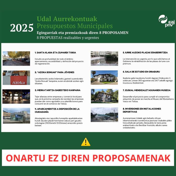 EAJ-PNVko Udal Taldeak EH Bilduko Udal Gobernuak 2025erako aurkeztu zituen aurrekontuen aurka bozkatu zuen pasa den abenduaren 23an ospatu zen Ohiko Osoko Bilkuran, herriarentzat ez-nahikotzat jo zituelako