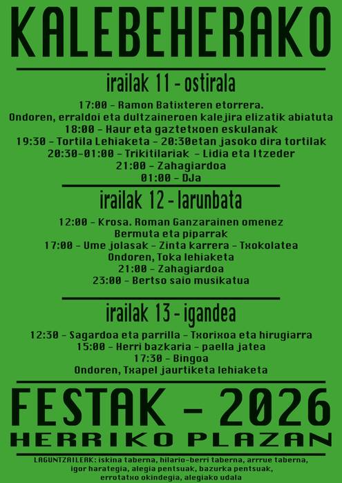 Ostiraletik igandera ospatuko dira Kalebeherako festak