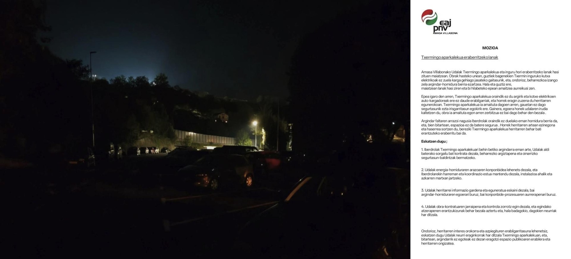 MOZIOA  Txermingo aparkalekua eraberritzeko lanak eta argi falta