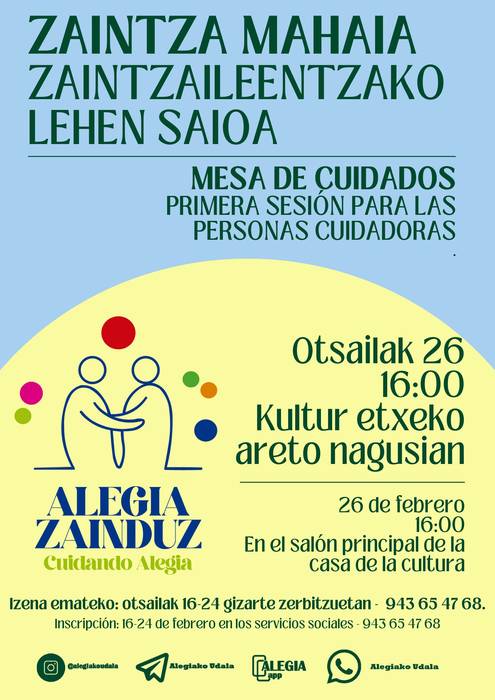 Zaintzaileei zuzenduriko lehen saioa egingo du Alegia Zainduzek otsailaren 26an
