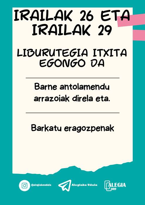 Irailaren 26an eta 29an liburutegia itxita