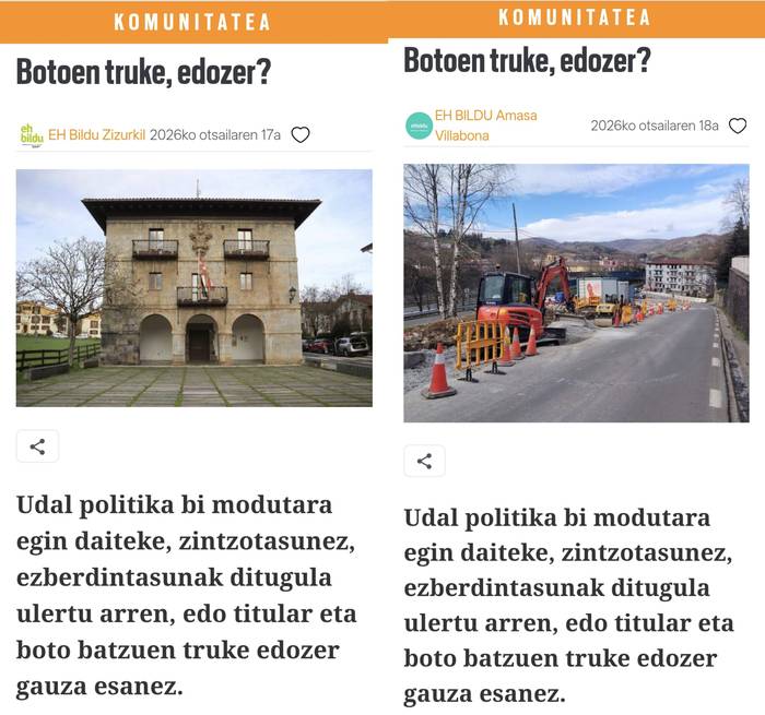 EH Bilduk komunikatu bera kopiatu eta itsatsi du bi udalerritan