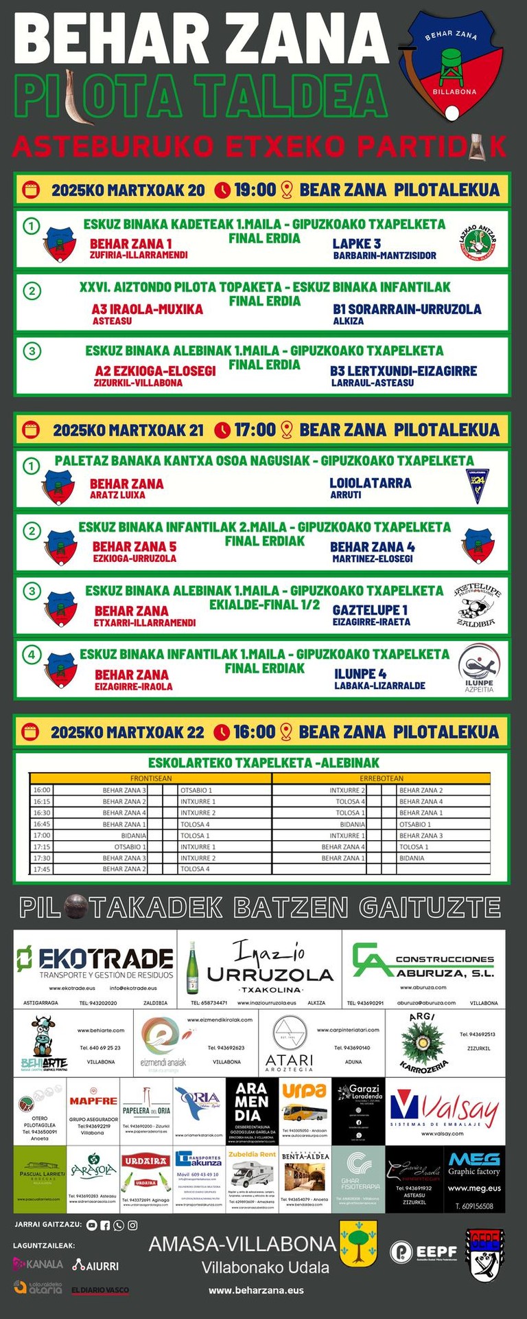 Behar Zanako pilotariek final bat eta zazpi finalerdi jokatuko dituzte asteburuan