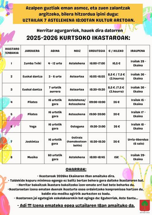 2025-2026 Kurtsorako ikastaroetarako izen-emateak