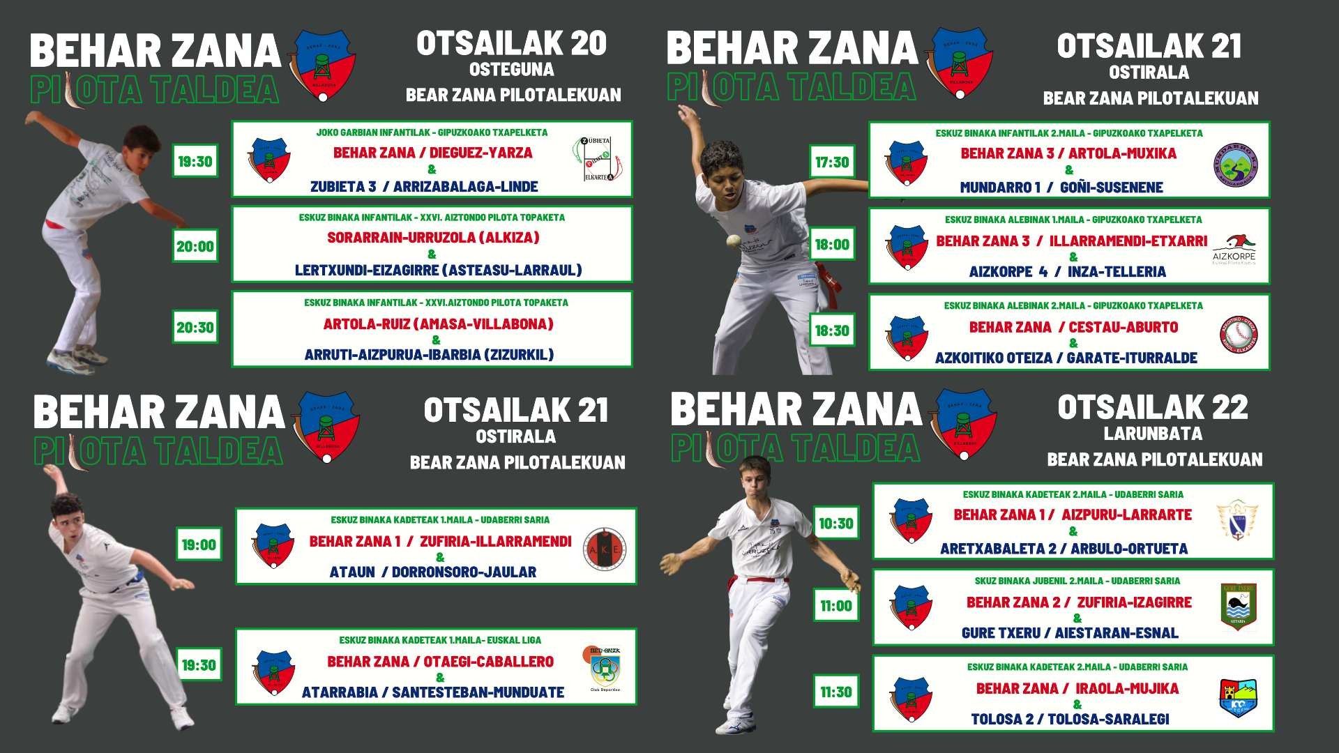 Behar Zanako pilotariek aste honetan 42 partida jokatuko dituzte, etxean 11