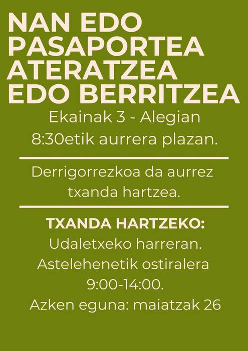 Ekainaren 3 NANa eta pasaportea atera edo berritzeko aukera izango da Alegian