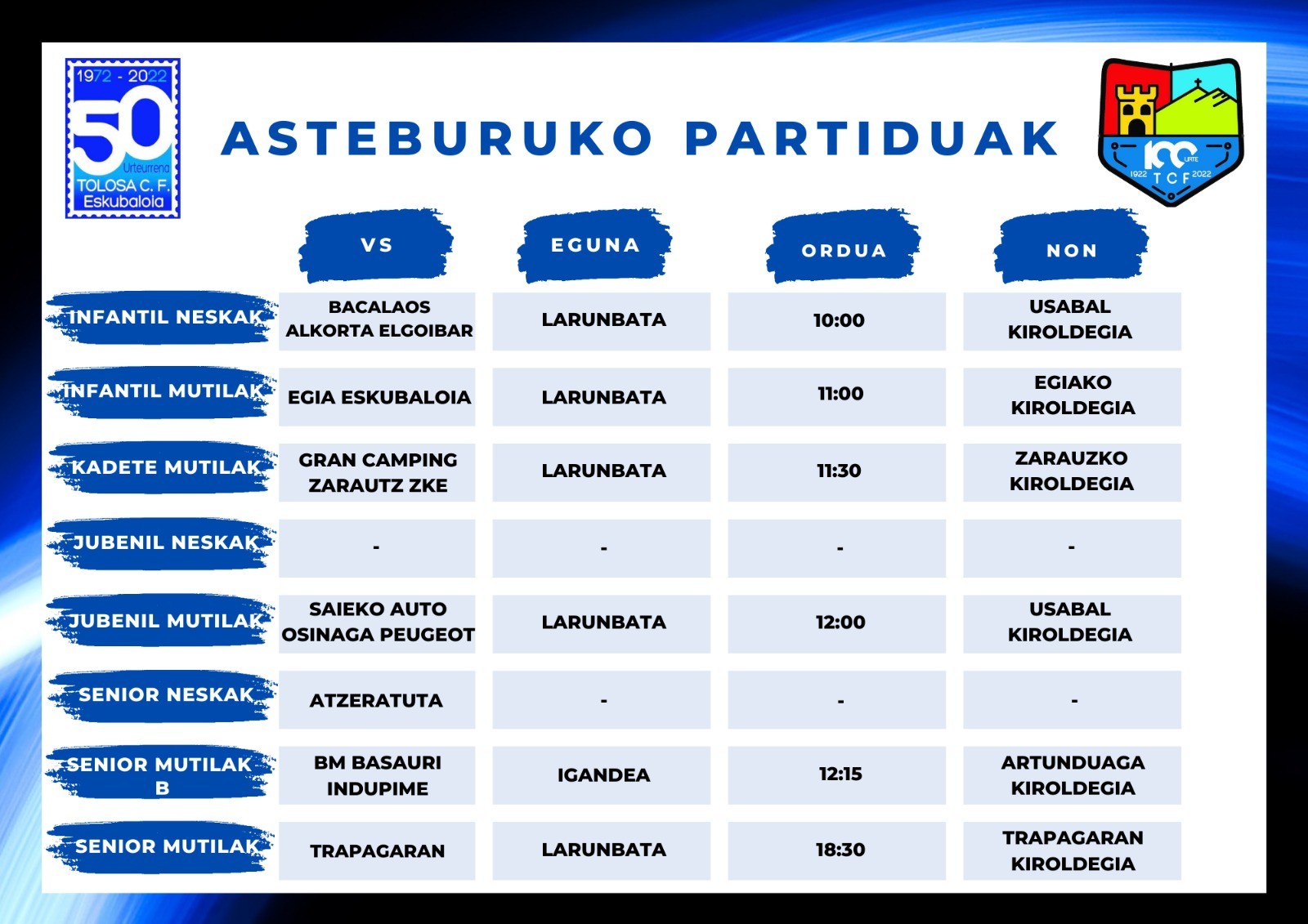 TOLOSA C.F. ESKUBALOIKO ASTEBURUKO PARTIDUAK
