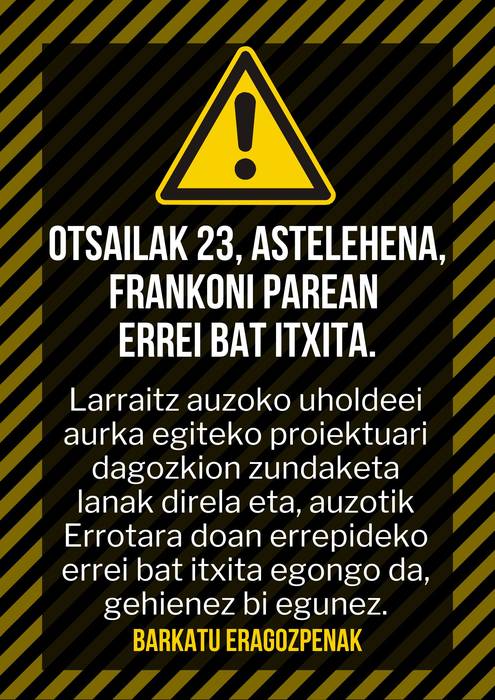 Larraitz auzotik Errotara doan errepideko errei bat itxiko da otsailaren 23an