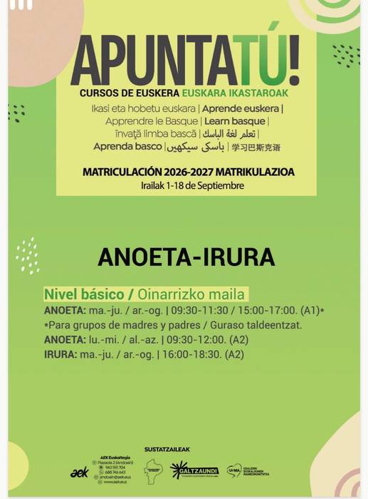 Euskara ikastaroetan izen-ematea Anoeta-Irura