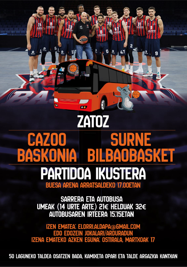 Elorri Aldapak Baskoniaren eta Bilbo Basketen arteko derbirako autobusa antolatu du martxoaren 26rako