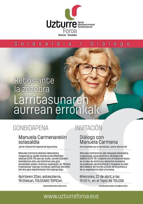 Manuela Carmena izango da hurrengo gonbidatua Uzturre Foroak antolatutako solasaldian