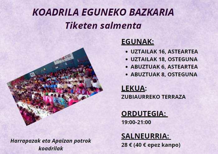 Ibarrako koadrilla eguneko bazkarirako tiketen salmenta