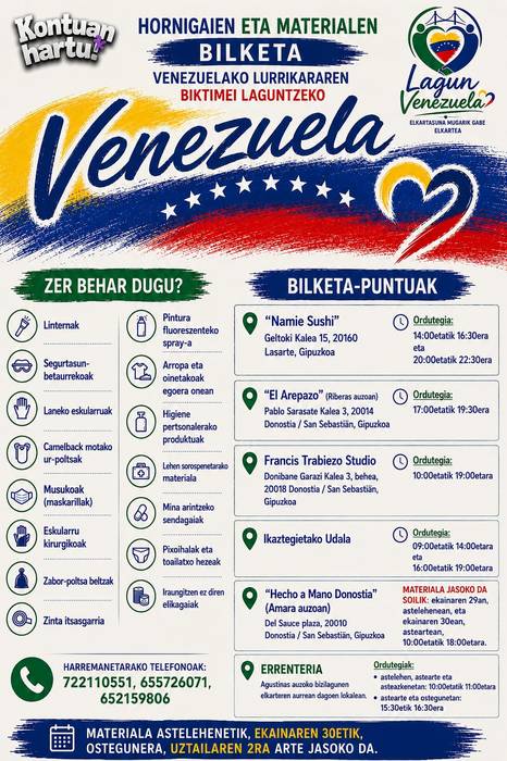 Venezuelako lurrikararen biktimei laguntezko hornigaien eta materielen bilketa